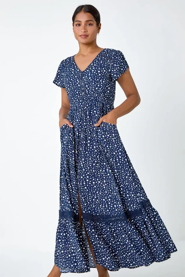 Polka Dot Lace Detail Maxi Dress Women Roman Dresses