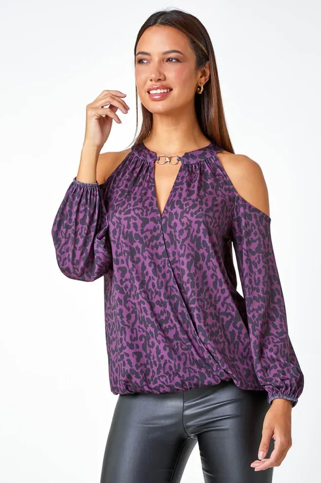 Purple Animal Print Cold Shoulder Stretch Top Women Roman Tops