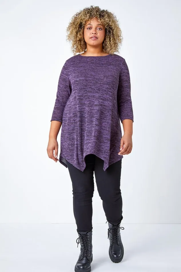 Purple Curve Glitter Stretch Hanky Hem Tunic Top Women Roman Tops