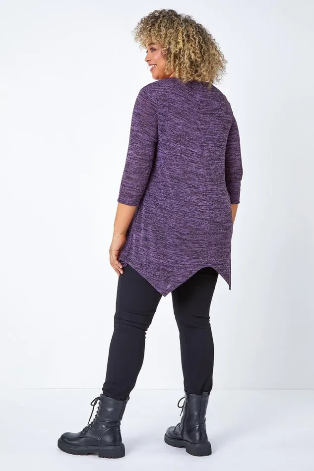 Purple Curve Glitter Stretch Hanky Hem Tunic Top Women Roman Tops