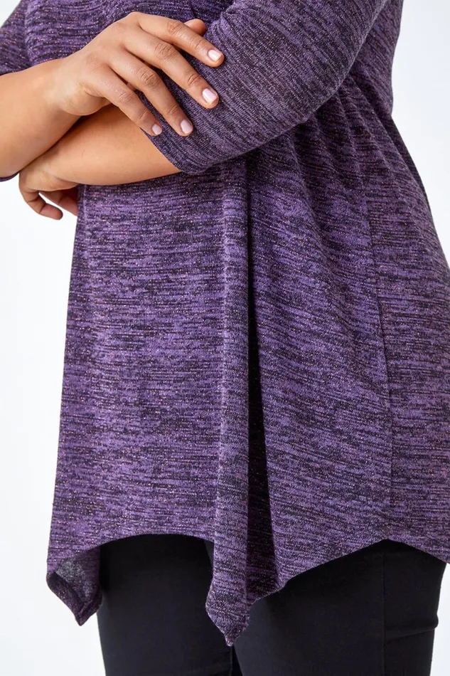 Purple Curve Glitter Stretch Hanky Hem Tunic Top Women Roman Tops