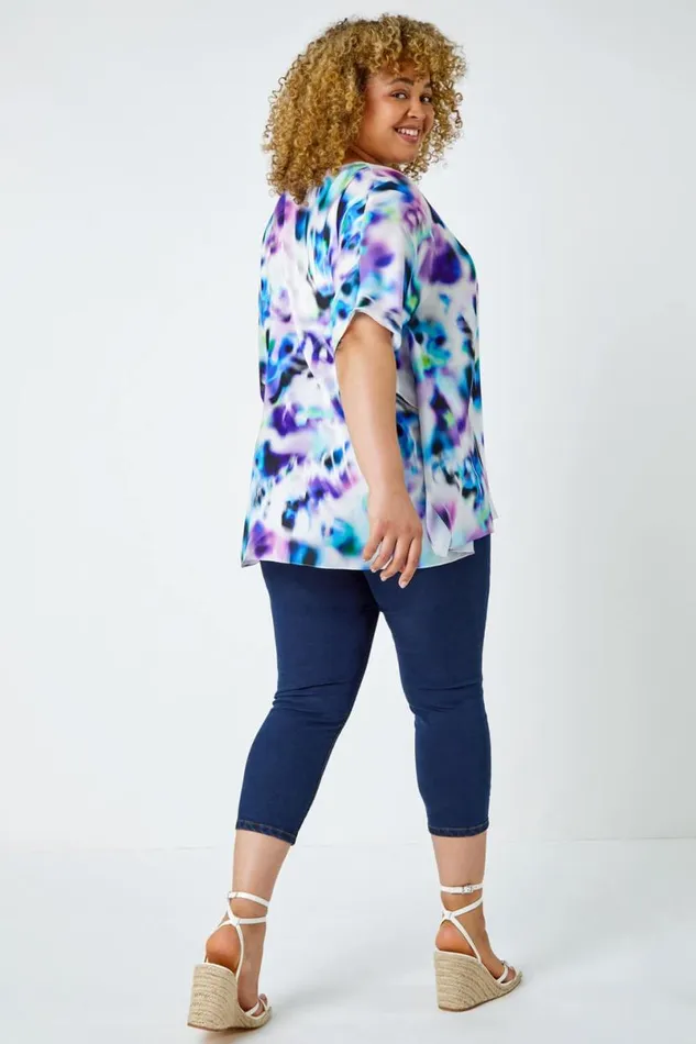 Purple Curve Watercolour VNeck Chiffon Tunic Top Women Roman Tops