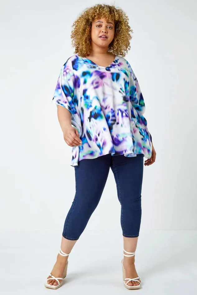 Purple Curve Watercolour VNeck Chiffon Tunic Top Women Roman Tops