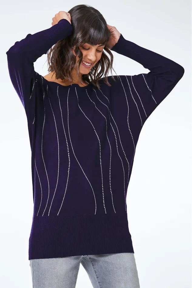 Purple Embellished Linear Print Jumper Women Roman Knitwear