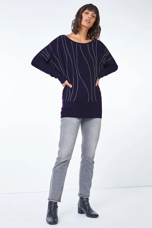 Purple Embellished Linear Print Jumper Women Roman Knitwear