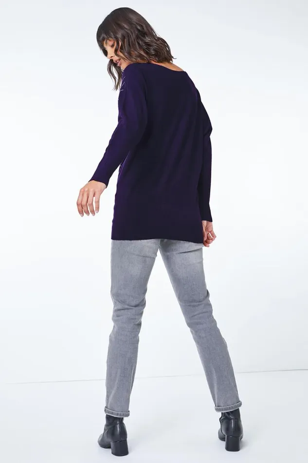 Purple Embellished Linear Print Jumper Women Roman Knitwear