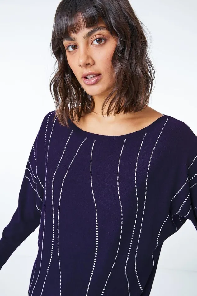 Purple Embellished Linear Print Jumper Women Roman Knitwear