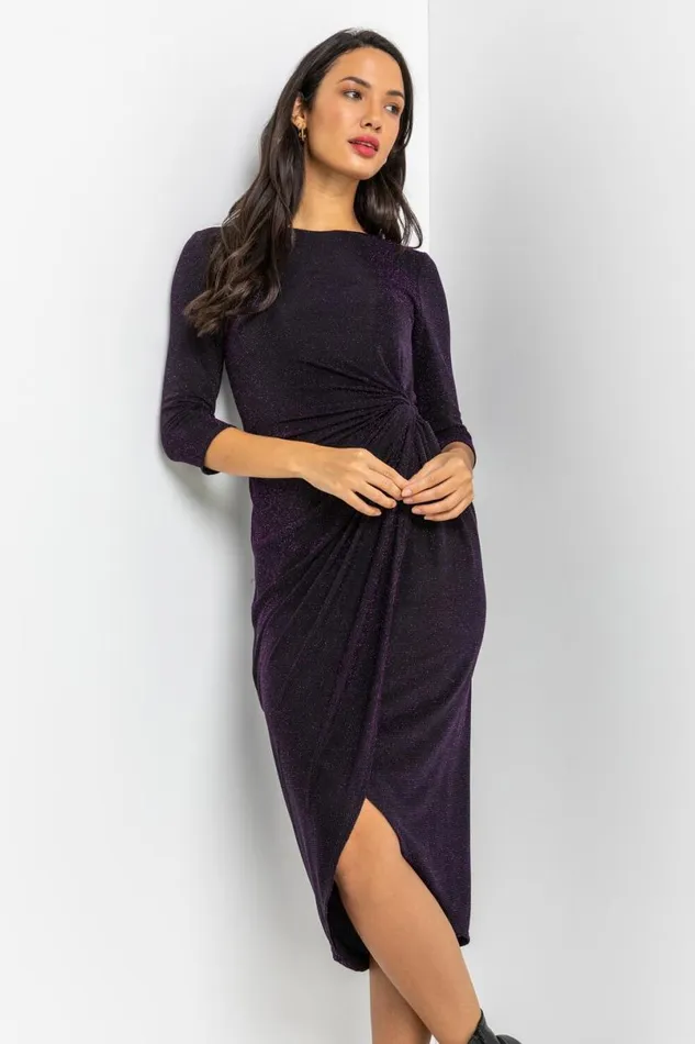 Purple Fitted Sparkle Twist Front Ruched Wrap Dress Women Roman Dresses