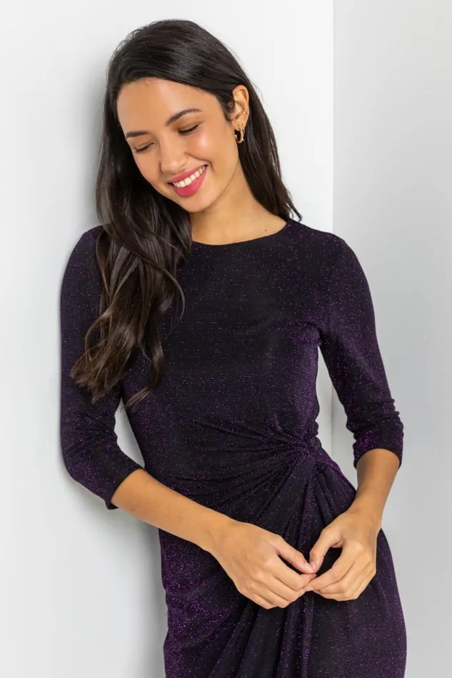 Purple Fitted Sparkle Twist Front Ruched Wrap Dress Women Roman Dresses