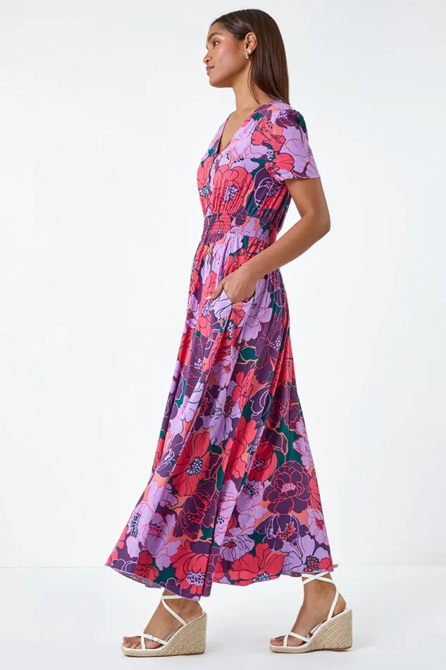 Purple Floral Print Button Detail Maxi Dress Women Roman Dresses