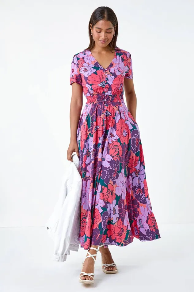 Purple Floral Print Button Detail Maxi Dress Women Roman Dresses