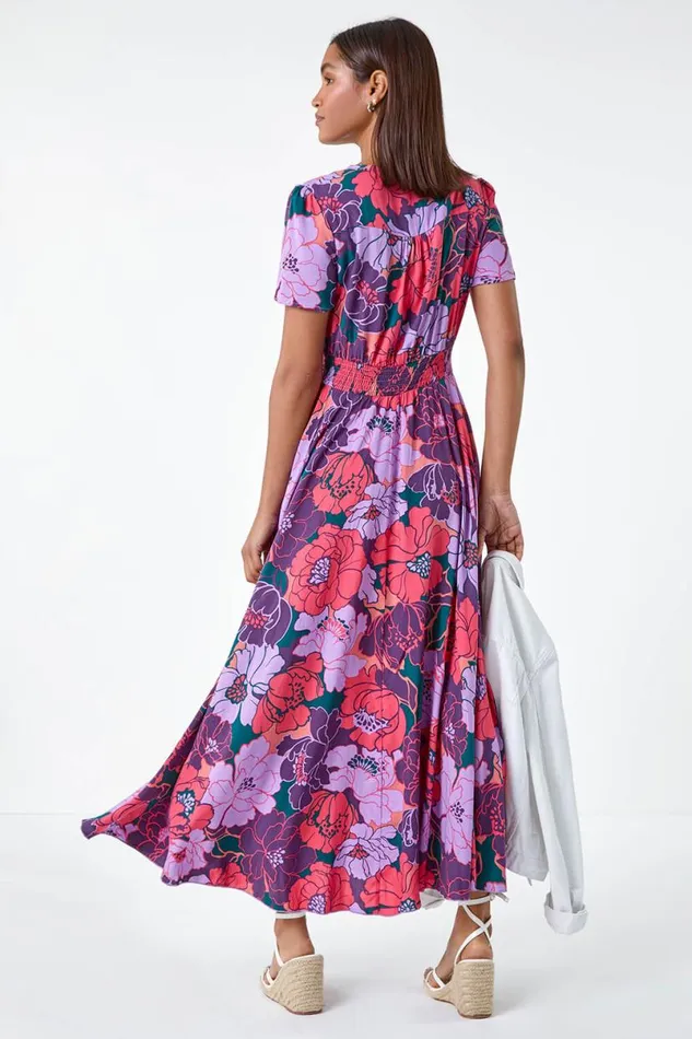 Purple Floral Print Button Detail Maxi Dress Women Roman Dresses