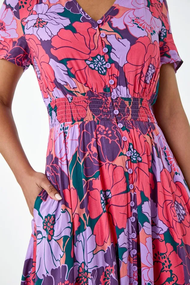 Purple Floral Print Button Detail Maxi Dress Women Roman Dresses