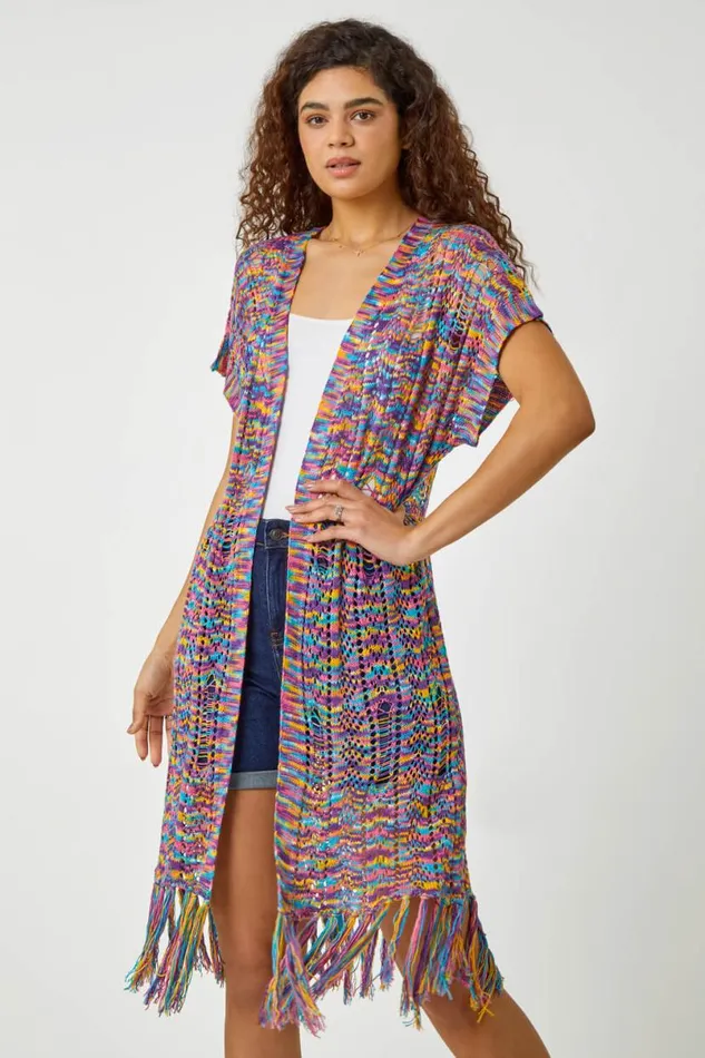 Purple Longline Fringe Detail Mixed Yarn Cardigan Women Roman Knitwear