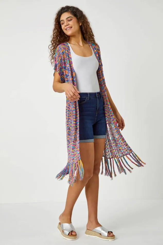 Purple Longline Fringe Detail Mixed Yarn Cardigan Women Roman Knitwear