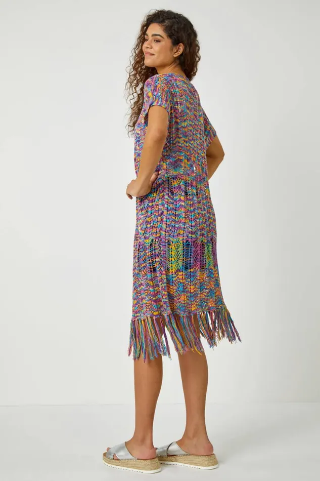 Purple Longline Fringe Detail Mixed Yarn Cardigan Women Roman Knitwear
