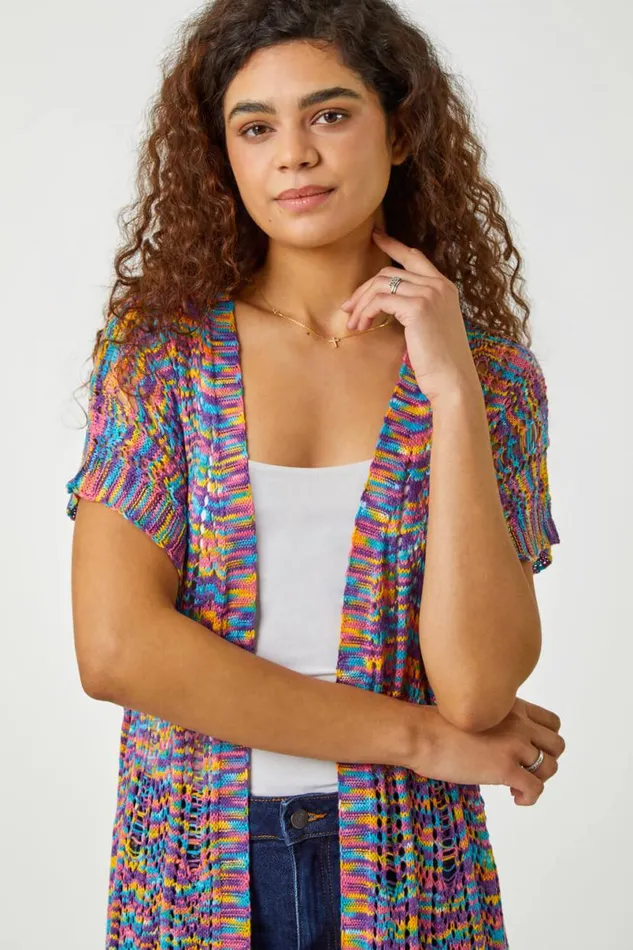 Purple Longline Fringe Detail Mixed Yarn Cardigan Women Roman Knitwear