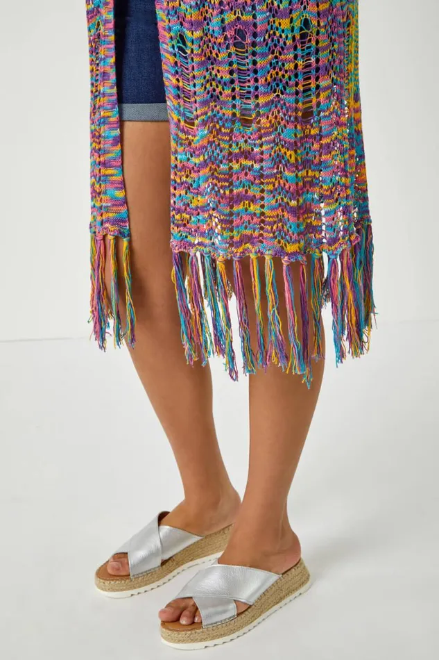 Purple Longline Fringe Detail Mixed Yarn Cardigan Women Roman Knitwear