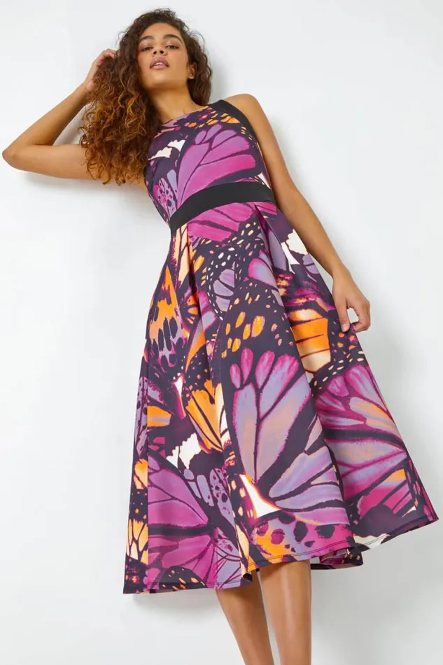 Purple Premium Stretch Butterfly Halterneck Dress Women Roman Dresses