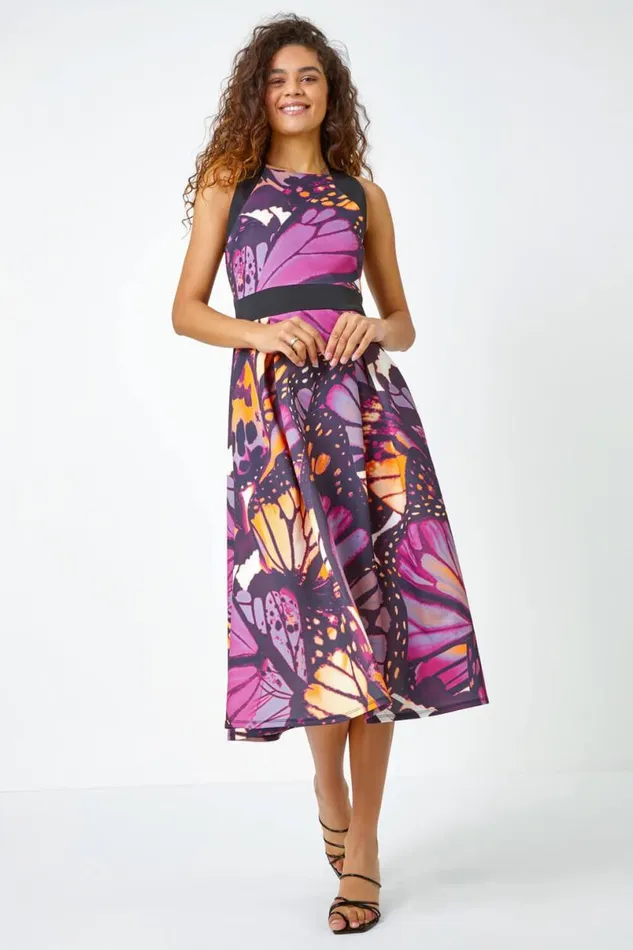 Purple Premium Stretch Butterfly Halterneck Dress Women Roman Dresses