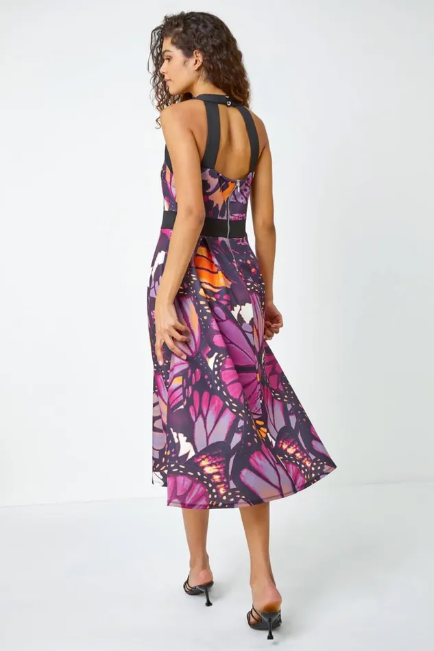 Purple Premium Stretch Butterfly Halterneck Dress Women Roman Dresses