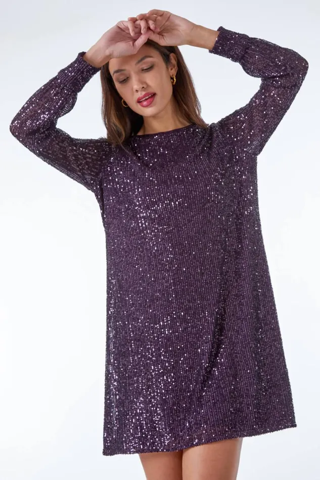 Purple Sequin Embellished Tunic Dress Women Roman Dresses