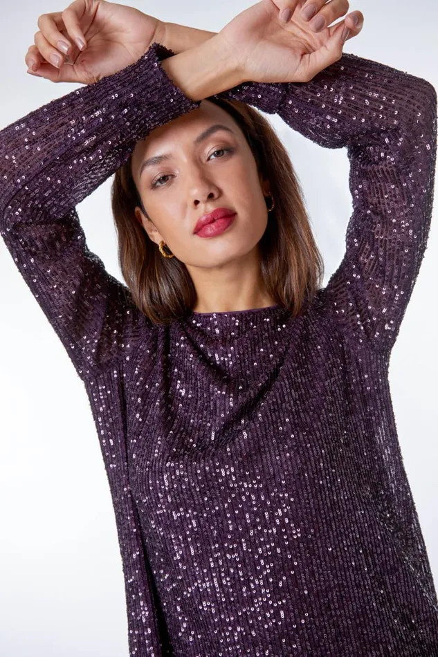 Purple Sequin Embellished Tunic Dress Women Roman Dresses
