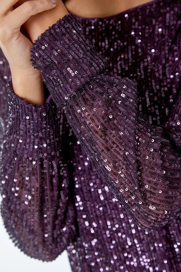 Purple Sequin Embellished Tunic Dress Women Roman Dresses