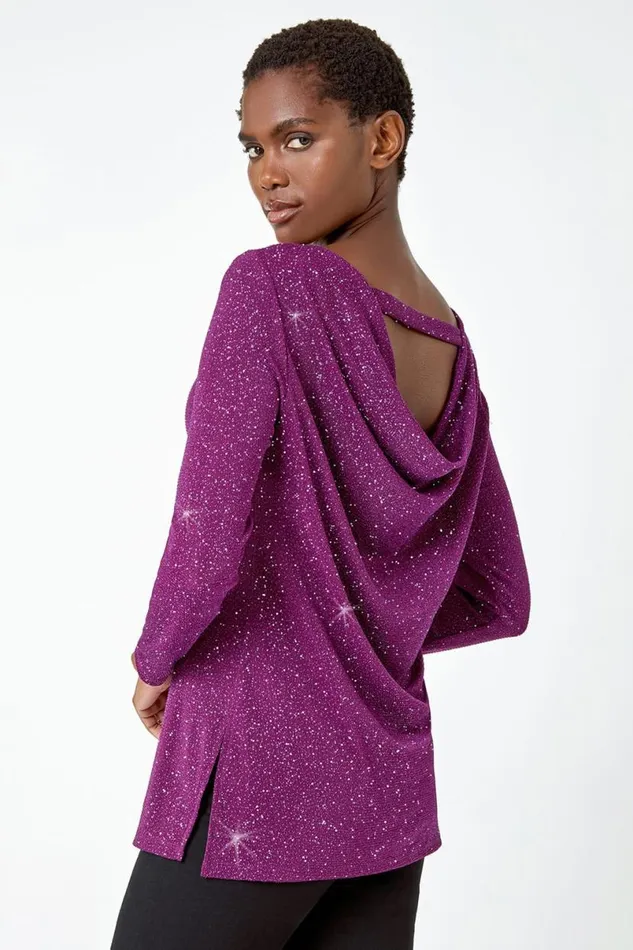 Purple Sparkle Cowl Back Detail Stretch Top Women Roman Tops