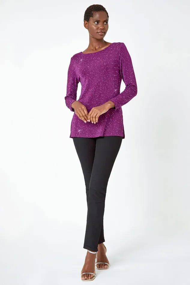 Purple Sparkle Cowl Back Detail Stretch Top Women Roman Tops