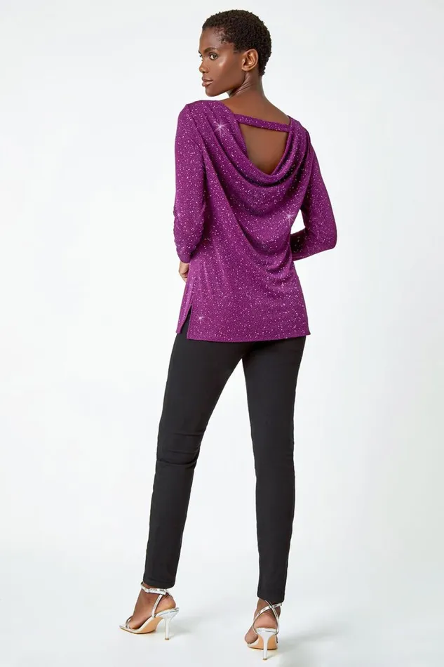 Purple Sparkle Cowl Back Detail Stretch Top Women Roman Tops