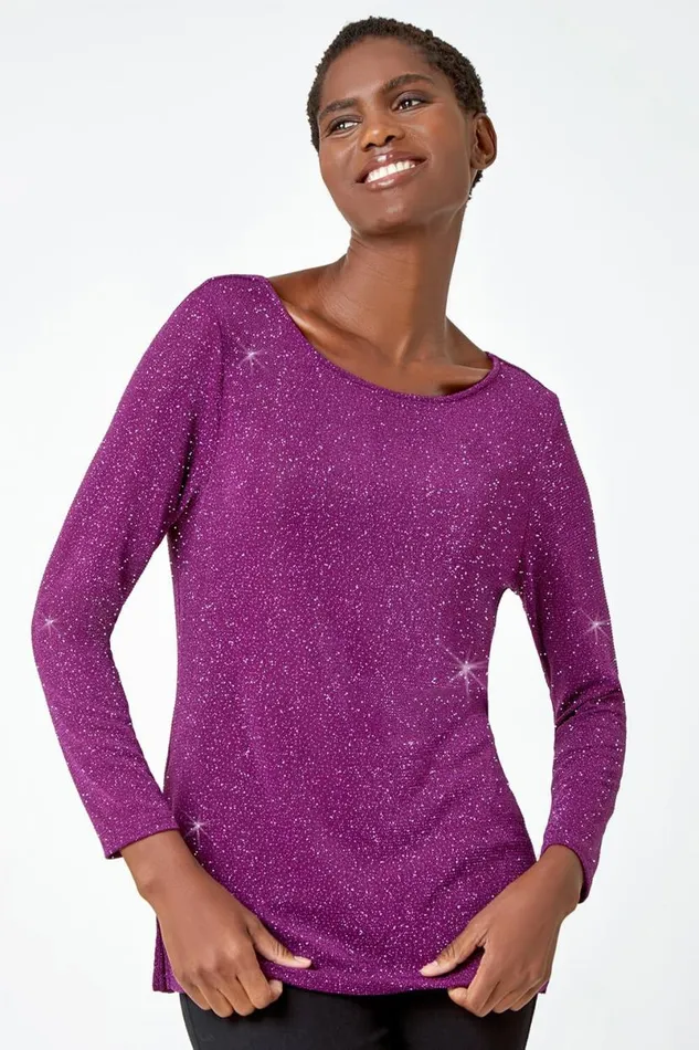 Purple Sparkle Cowl Back Detail Stretch Top Women Roman Tops