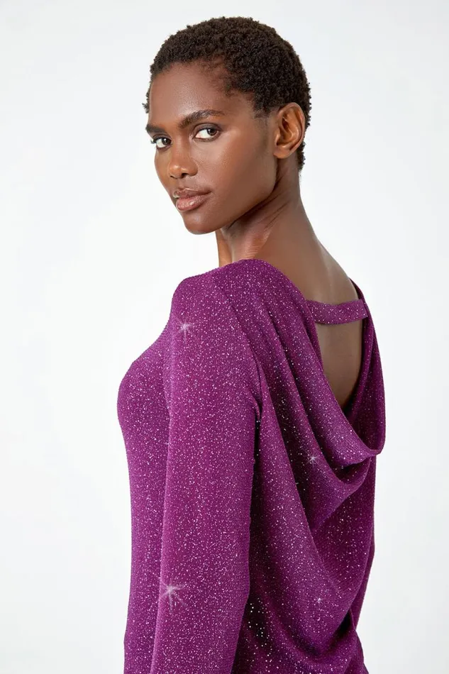 Purple Sparkle Cowl Back Detail Stretch Top Women Roman Tops