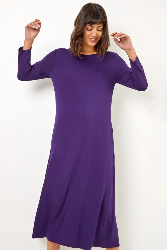 Purple Stretch Pocket Detail Midi Dress Women Roman Dresses