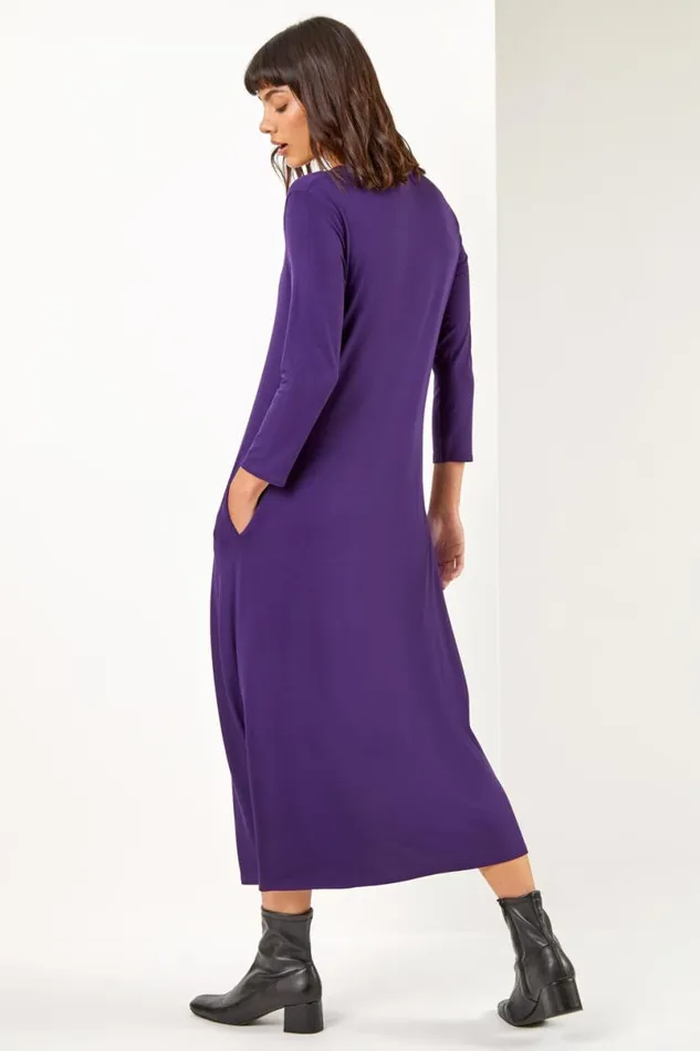 Purple Stretch Pocket Detail Midi Dress Women Roman Dresses
