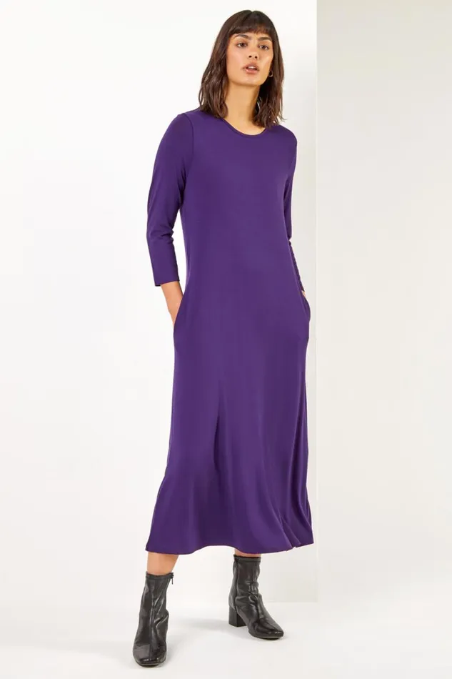 Purple Stretch Pocket Detail Midi Dress Women Roman Dresses