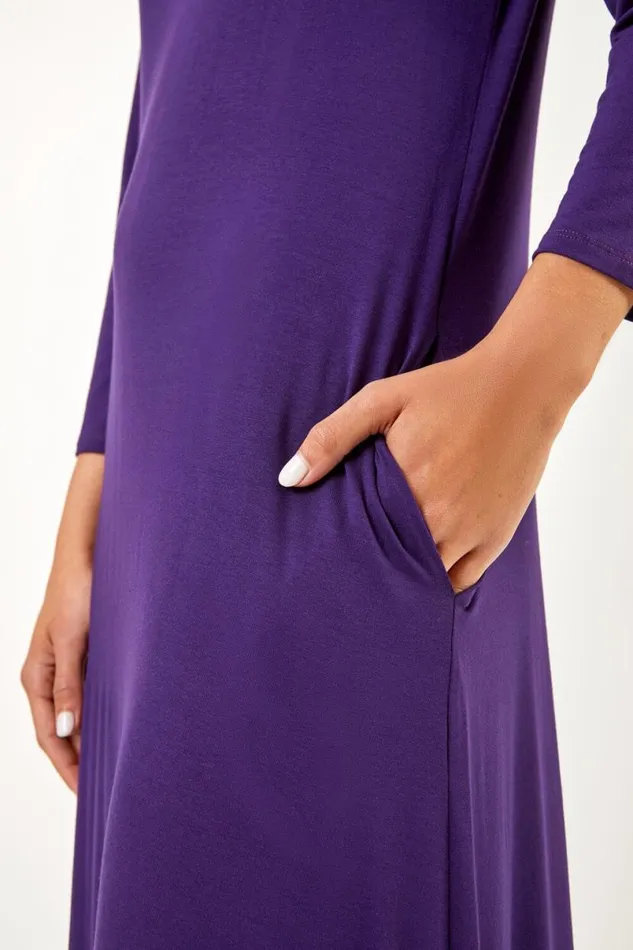 Purple Stretch Pocket Detail Midi Dress Women Roman Dresses