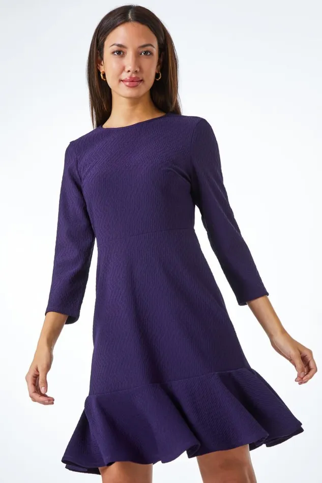 Purple Textured Frill Hem Dress Women Roman Dresses