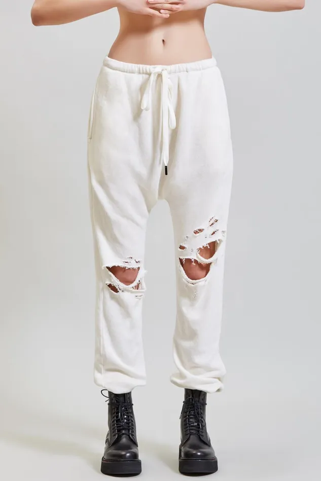 R13 Pants and Skirts Women Shredded Knee Drop Sweatpant 8211 Ecru