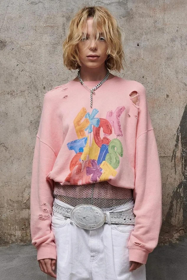 R13 Sweatshirts Women FCk This ShT Oversized Crewneck 8211 Pink