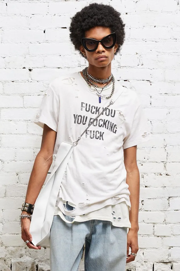 R13 TShirts Men FU Ripped Boy TShirt 8211 Ecru