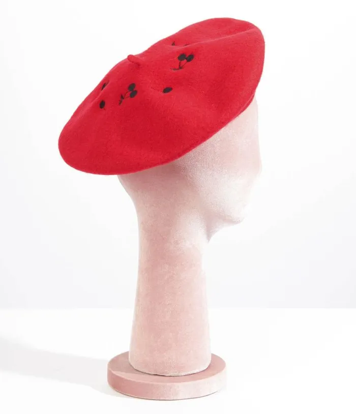 Red and Black Cherry Embroidered Beret Accessories Unique Vintage Berets