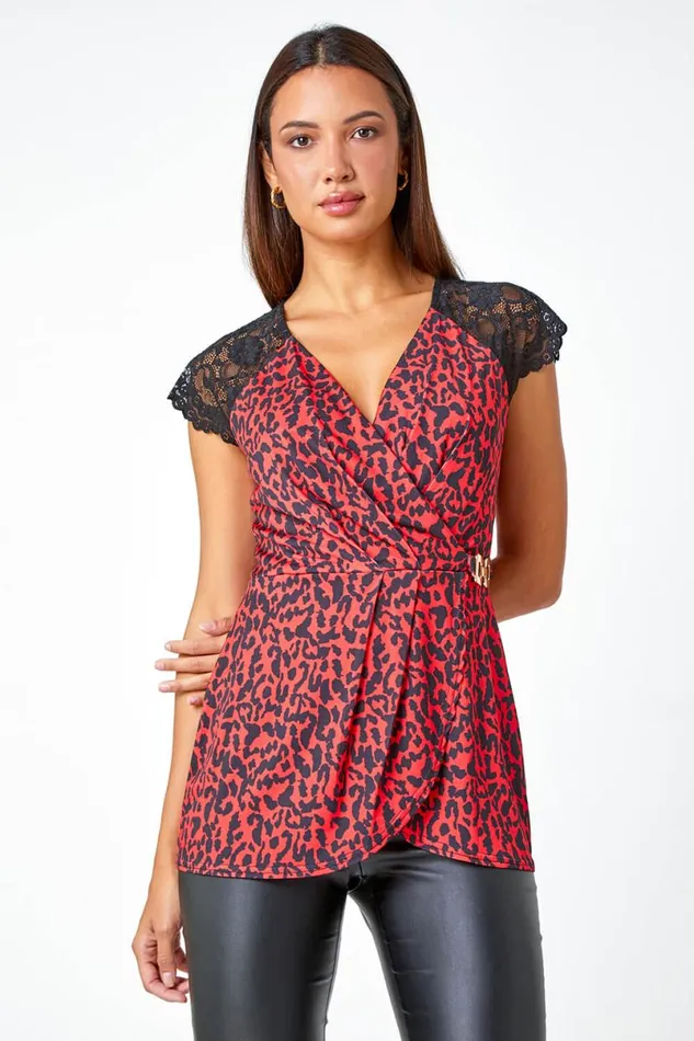 Red Animal Lace Trim Stretch VNeck Wrap Top Women Roman Tops