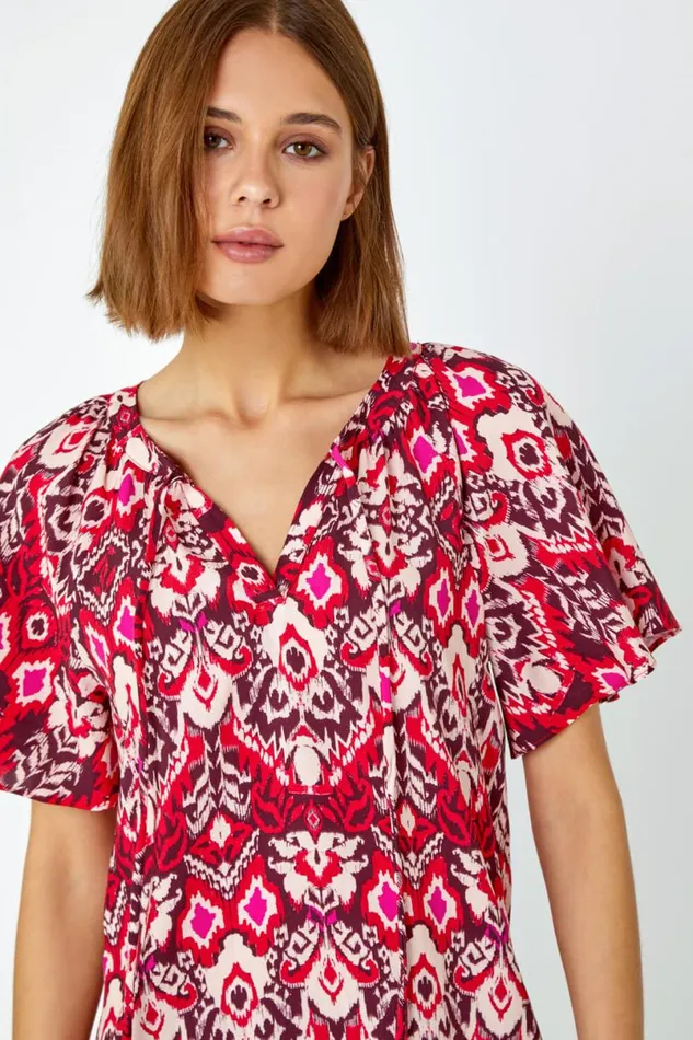 Red Aztec Print Tie Neck Top Women Roman Tops