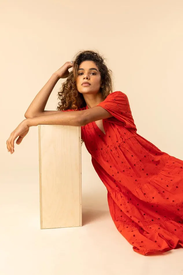 Red Broderie Tiered Smock Dress Women Roman Dresses
