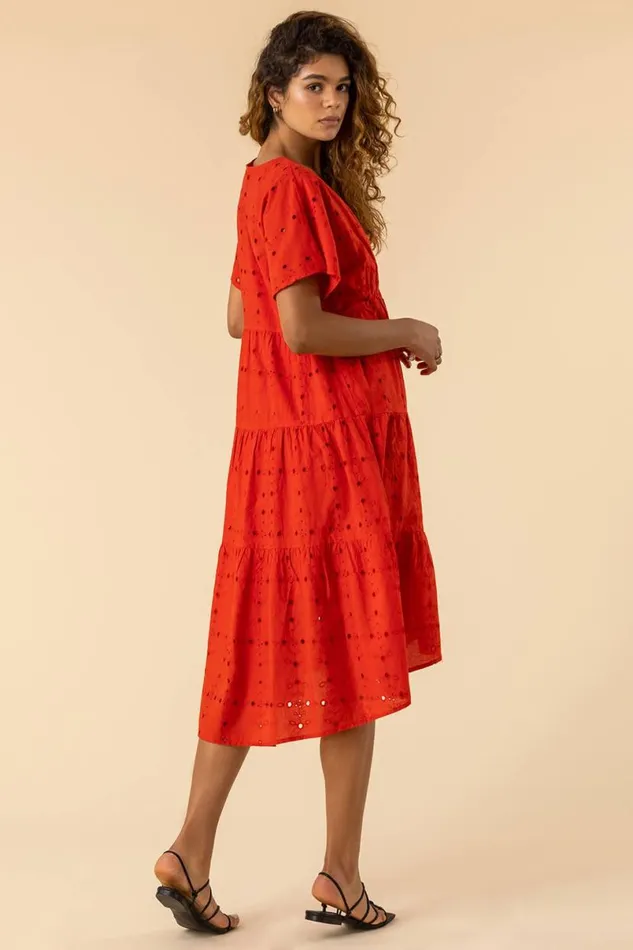 Red Broderie Tiered Smock Dress Women Roman Dresses