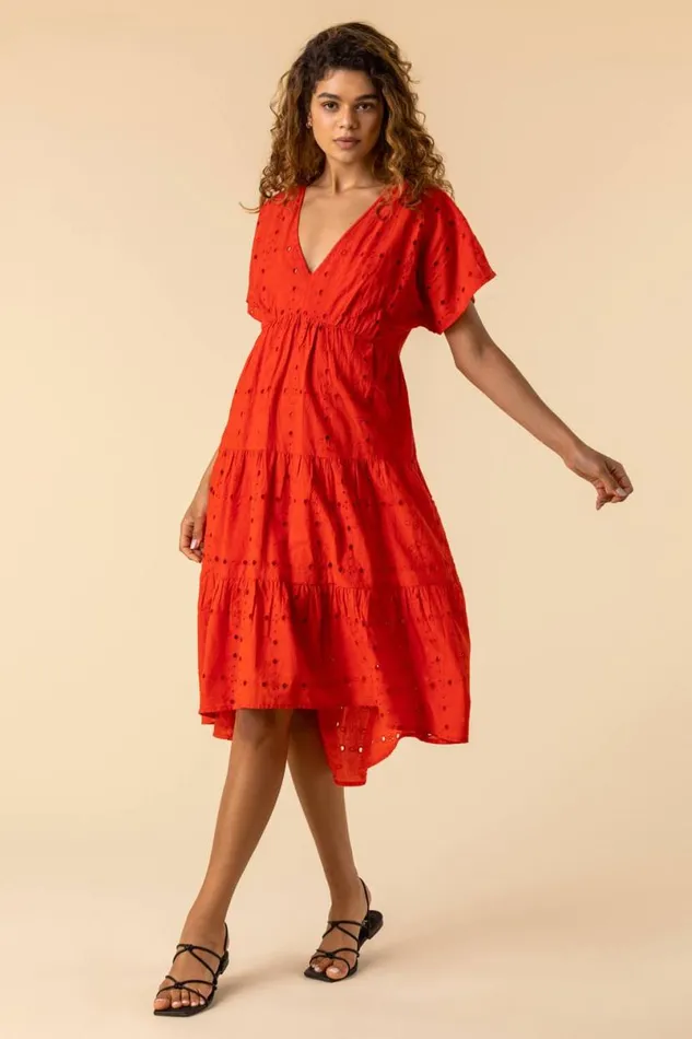 Red Broderie Tiered Smock Dress Women Roman Dresses