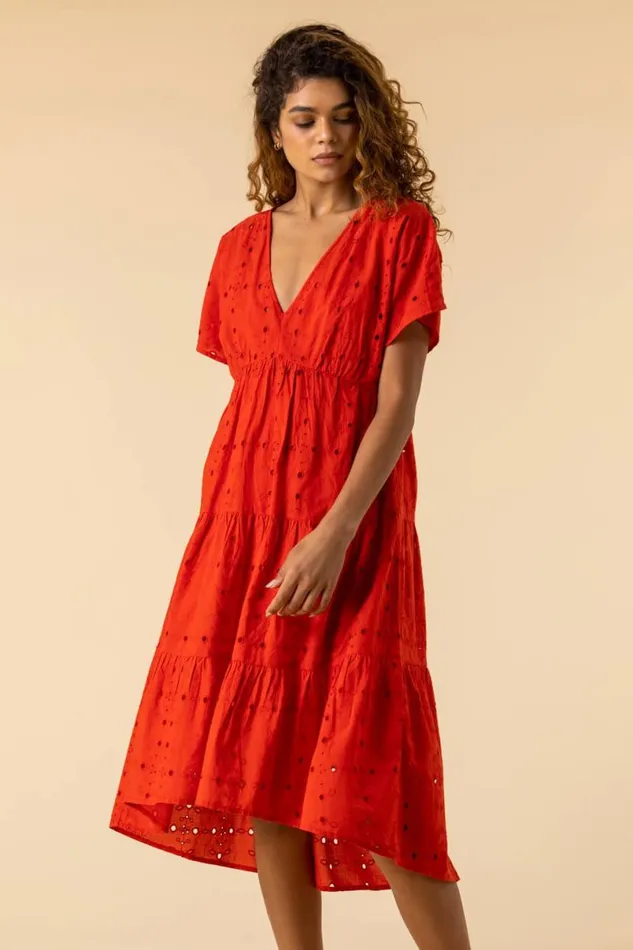 Red Broderie Tiered Smock Dress Women Roman Dresses