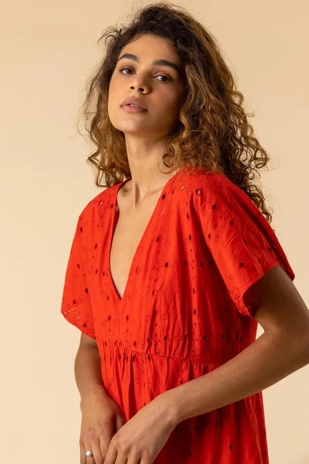 Red Broderie Tiered Smock Dress Women Roman Dresses