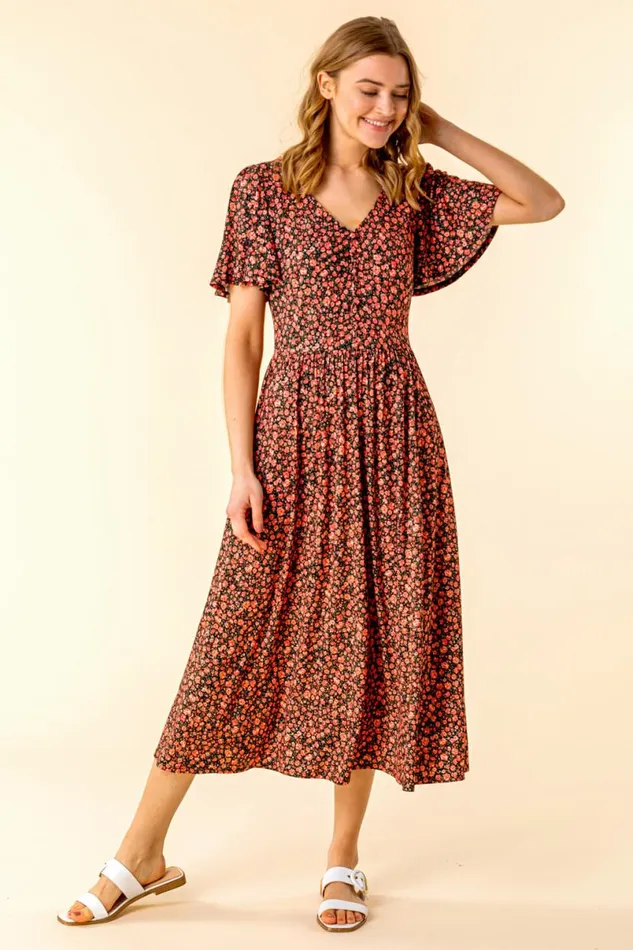 Red Button Detail Floral Tea Dress Women Roman Dresses